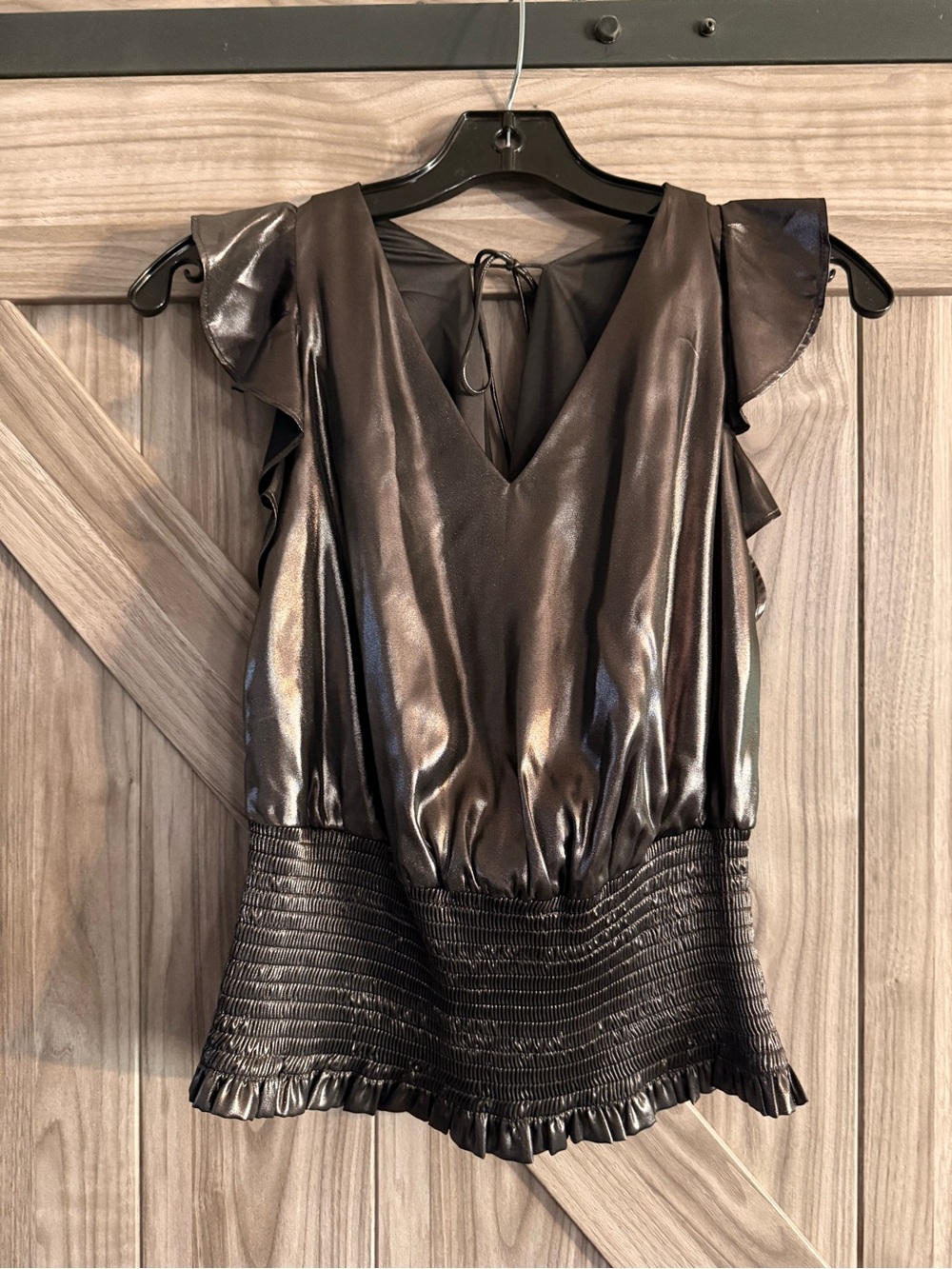 Nine West Metallic Black V-Neck Ruffle Sleeve Top with Smocked Waist